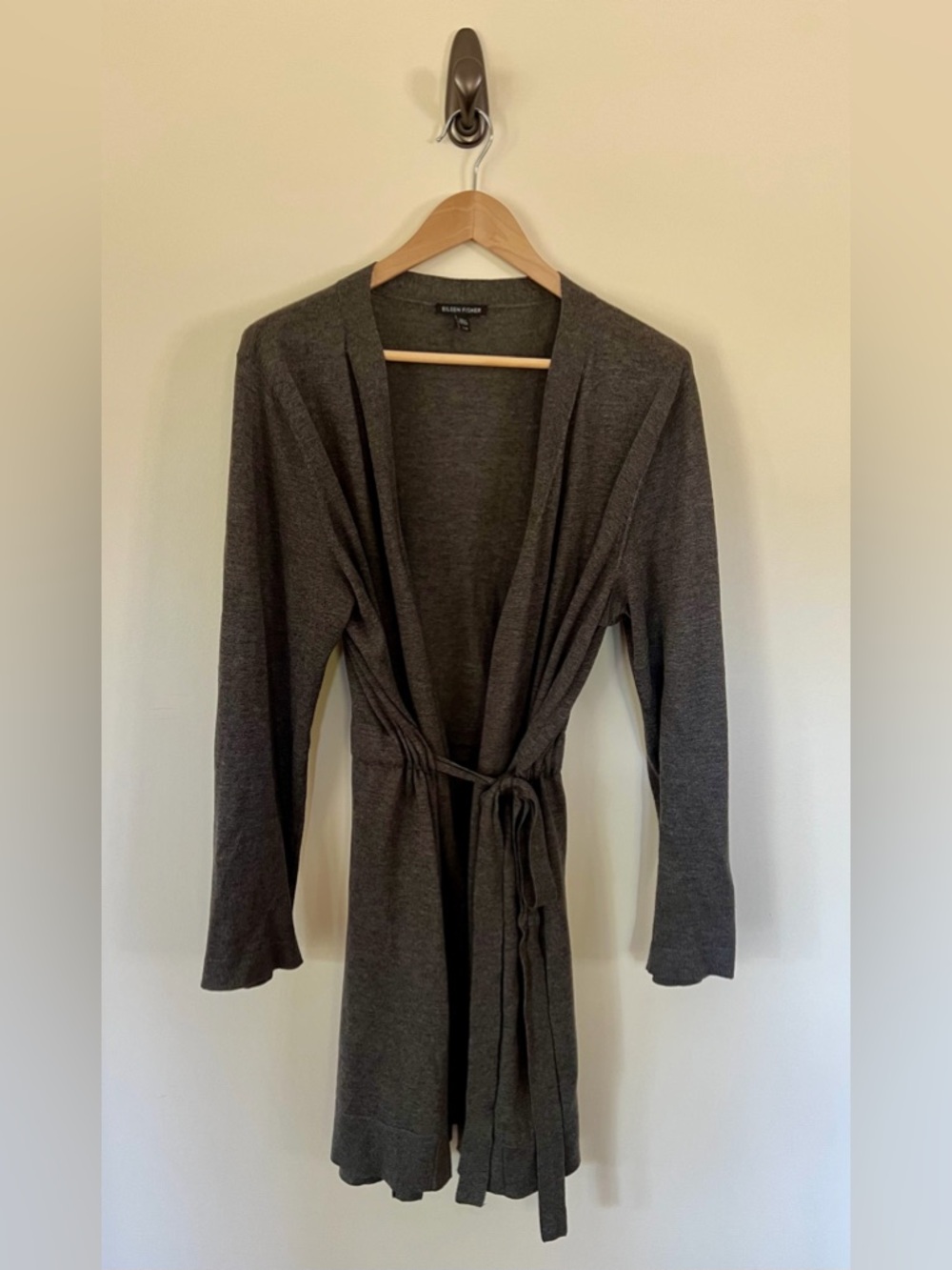 Eileen Fisher Long Knit Tie-Waist Cardigan/Duster - Dark Charcoal